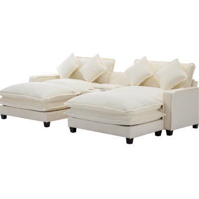 111" Sectional In Beige, Equipped With Two Removable Ottomans, Double Cushion, Ports, Cup Holders, Storage And 4 Pillows, Chenille Upholstery Beige Upholstered Big Pillows For Home