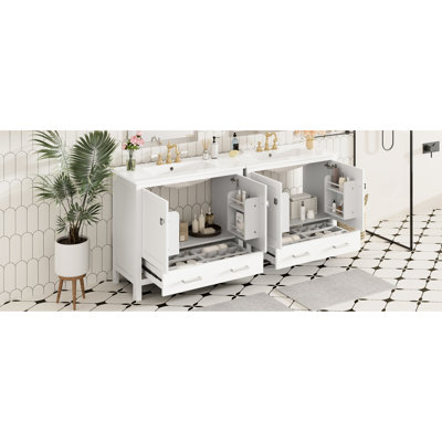Meuble-lavabo de salle de bain blanc de 183 cm (72 pouces) avec lavabo double, tiroir compartimenté et poignées en alliage de zinc pour un style élégant. Mobilier moderne, lavabos en céramique, charnières à fermeture douce, rangement pour tous vos essentiels.