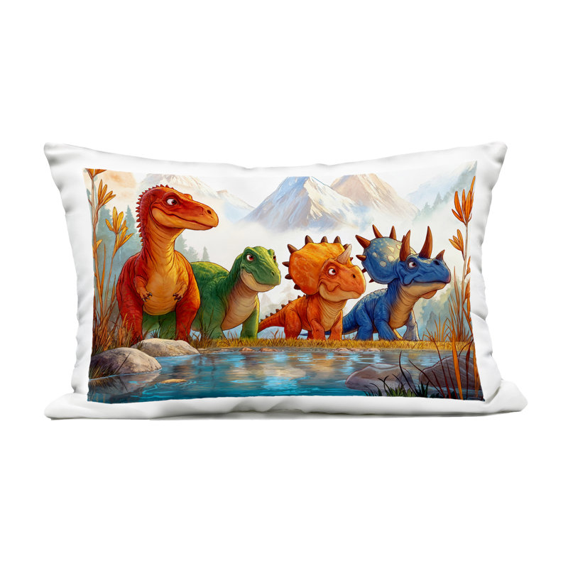 Coussin d'extérieur imprimé Four Dinos By The Pond, par Wumples