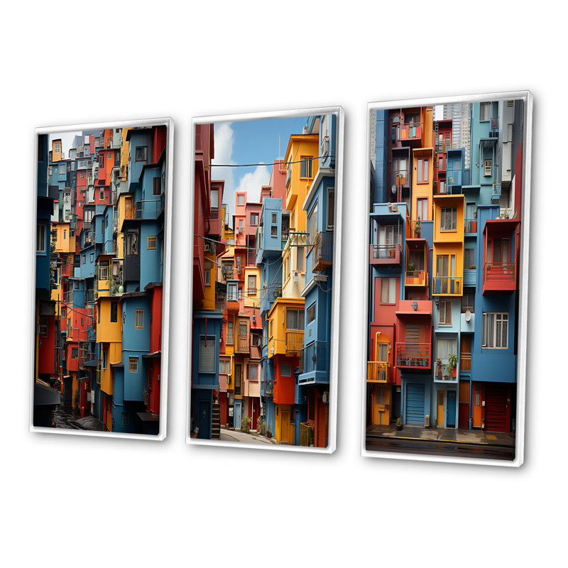 «Cityscape Dynamic Cubic», 3 pièces sur toile, Cadre blanc, H 40 po x l 60 po