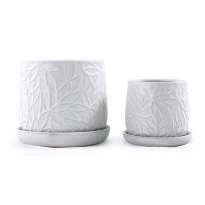 Pot de fleurs en céramique 2 pièces avec drainage, pour l'intérieur et l'extérieur, conception élégante à feuilles en relief