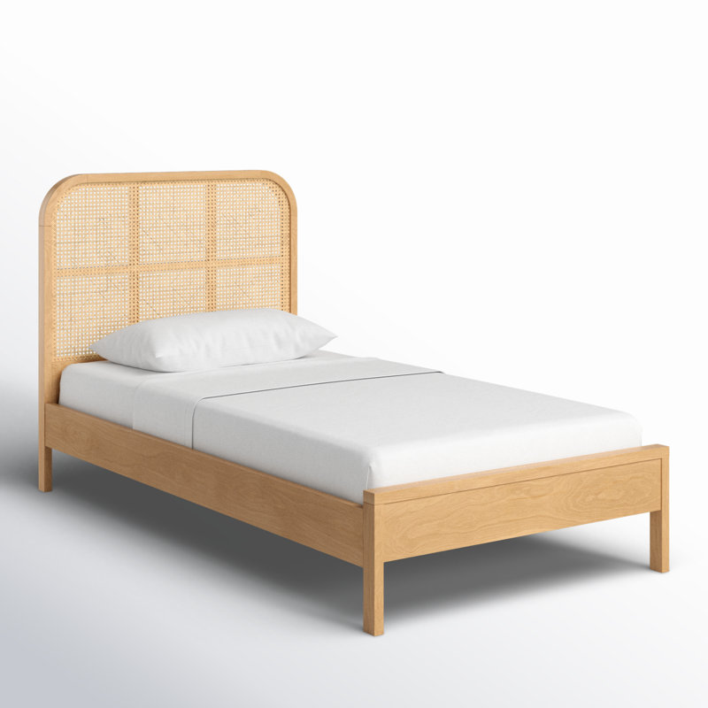 Natural Twin Wood Frame Bed with Cane Headboard