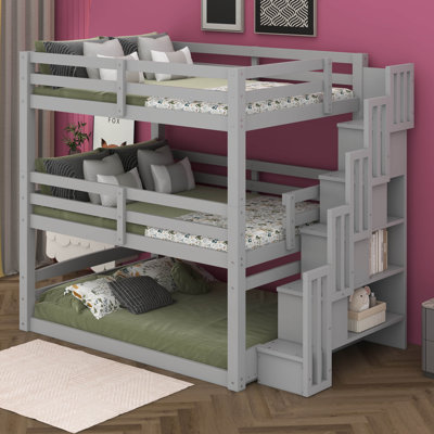 Lit superposé triple double pleine grandeur avec escalier de rangement, chambre à coucher séparée de conception 3 en 1, garde-corps pleine longueur