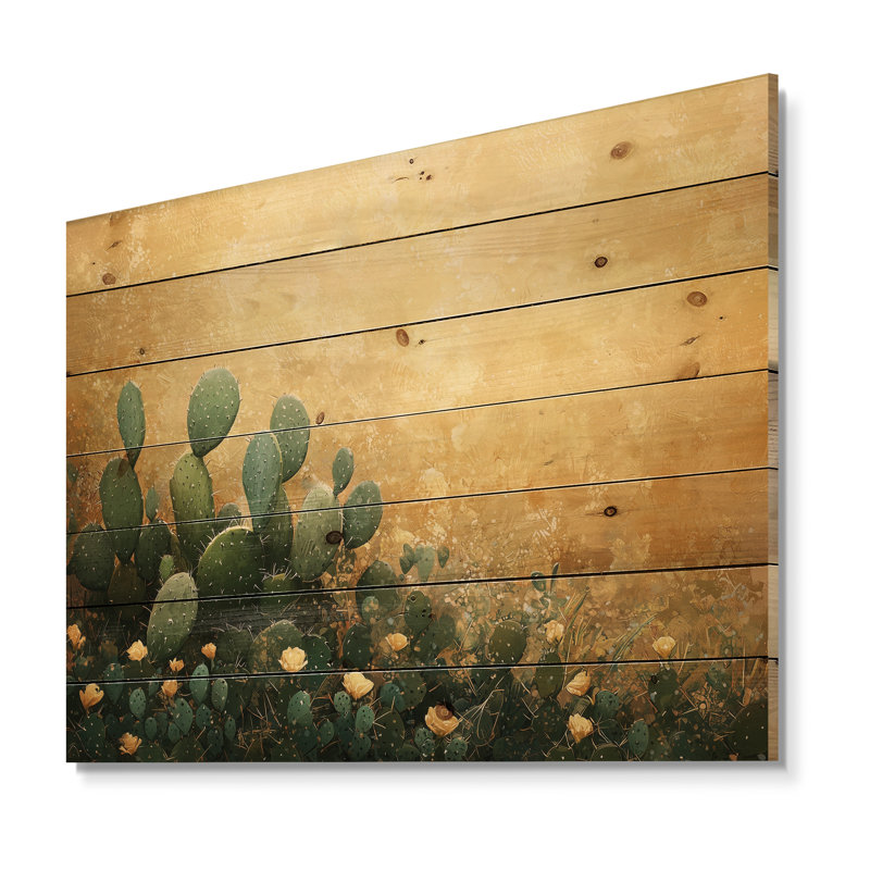 Cacti In The Golden Light II - Floral Cactus Wood Wall Decor - On Natural Pine Wood, 24" H x 32" W x 0.78" D