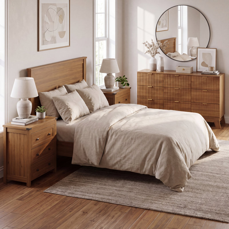 Ensemble de chambre à coucher moderne 3 pièces, commode double 9 tiroirs l 57 po avec 2 tables de chevet 26,4 po l, Walnut