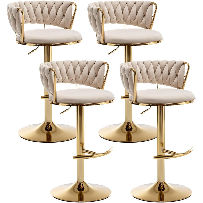 Swivel Bar Stools Set Of 4, Counter Height Bar Stools With Low Back, Velvet Adjustable Height Barstools, Gold Bar Stools For Kitchen Island, Pub