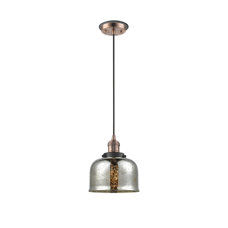 Luminaire suspendu en forme de cloche à 1 lumière Bissonnette, Argent mercuré plaqué, Cuivre antique et décorations noir mat