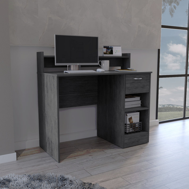 Bureau d'ordinateur avec tablette supérieure ouverte, 1 tiroir et 2 tablettes de rangement