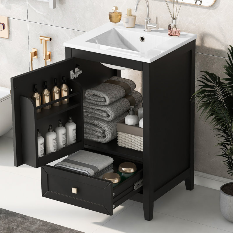 Meuble-lavabo simple 20 po avec comptoir en céramique, Noir, noir, noir, noir