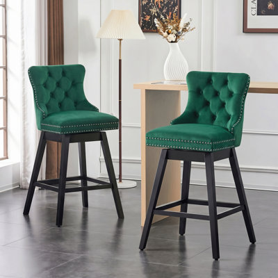 Velvet Upholstered 360° Swivel Counter Height Bar Stool with Back, Nailhead Trim and Sturdy Solid Wood Legs, Comfortable Chair for Kitchen, Dining, Restaurant