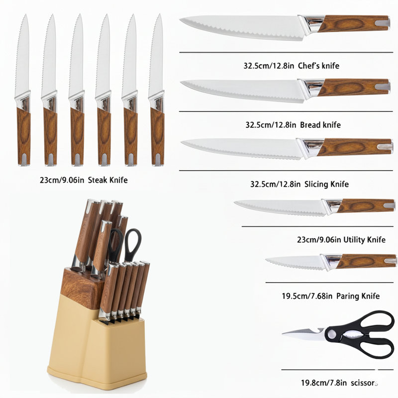 Ensemble de couteaux de cuisine en acier inoxydable 13 pièces Modern, Brun