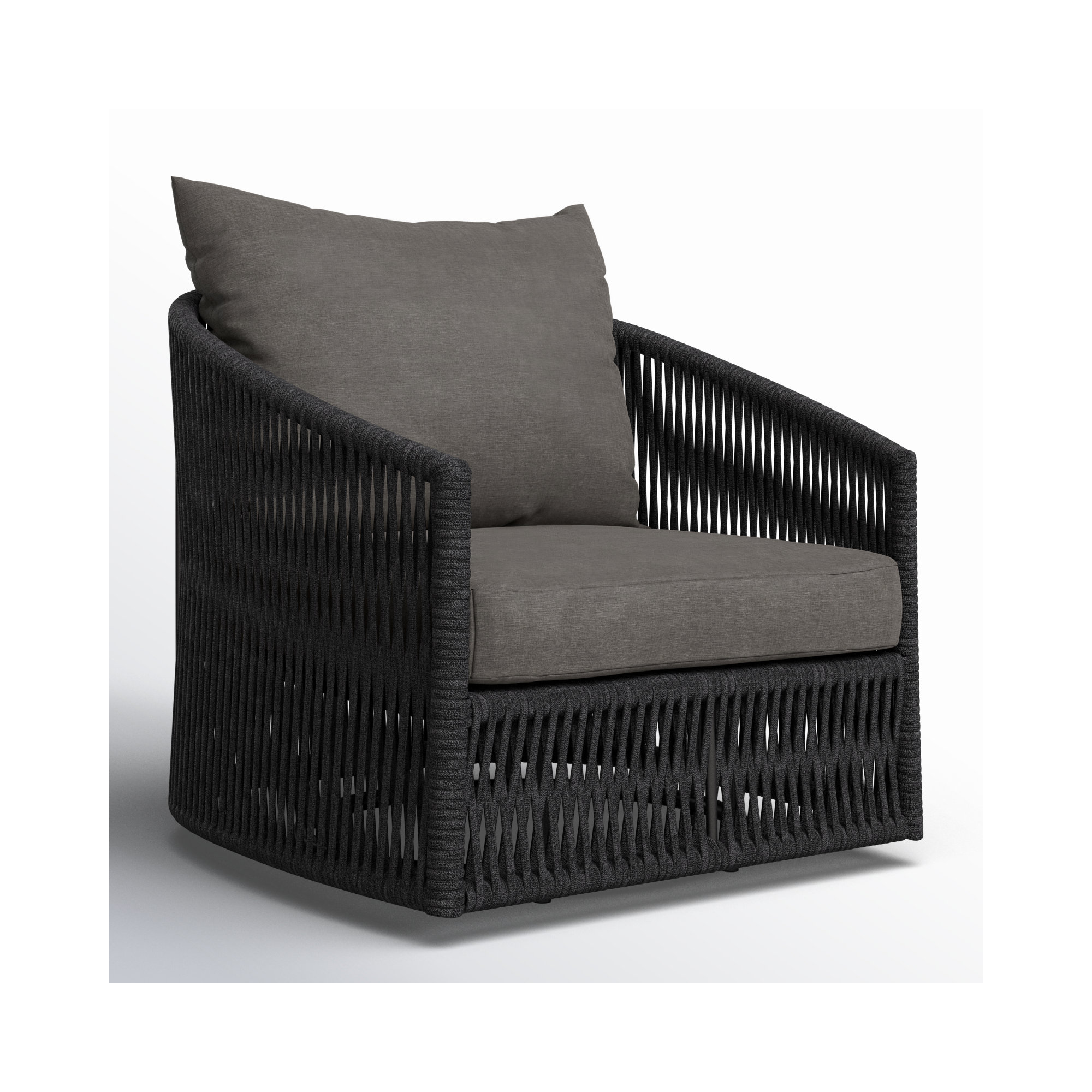 Nashira Swivel Outdoor Lounge Chair, Venao Charcoal, Thick Dark Gray Rope