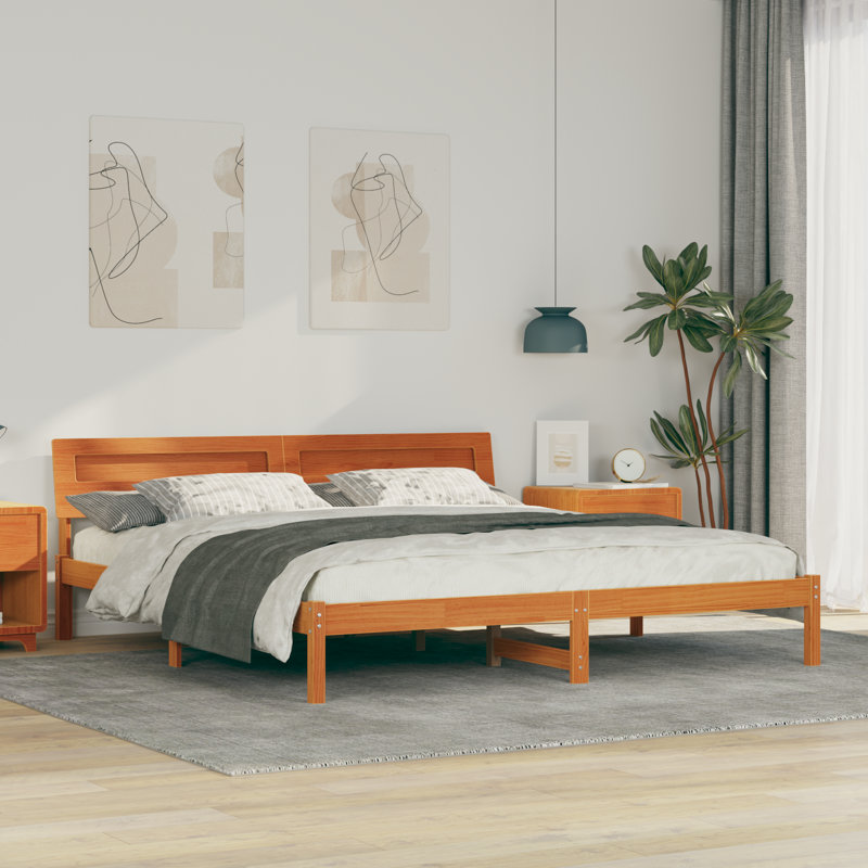 With LED Strip Lights With Headboard Wax Solid Pine Wood, Super King (6'), Wax Brown