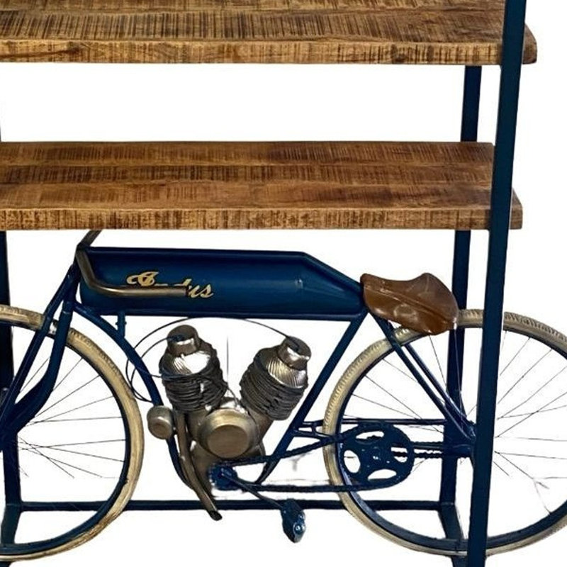 Bibliothèque à trois niveaux 72 "en acier inoxydable et bois vieilli bleu et brun