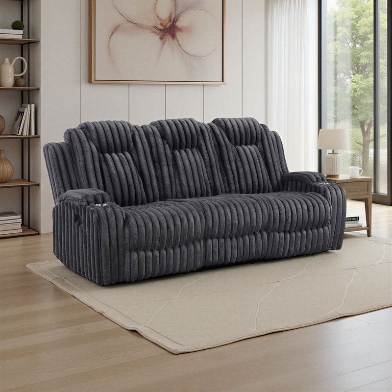 Bantry 84.5" Modern & Contemporary Corduroy Manual Double Reclining Sofa with Space-Saving Wall-Hugger Design & Dual Cup Holders
