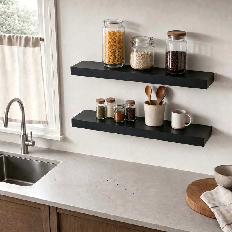 2-Piece 9.3" Extra Deep Wood Floating Shelves, Modern Design Wall Mount Display Shelves, 1.5" H x 24" W x 9.3" D, Black