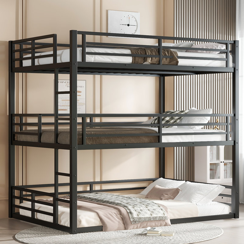 Full Over Full Over Full Triple Metal Bunk Bed With Safety Guardrails, Black, Full Over Full Over Full