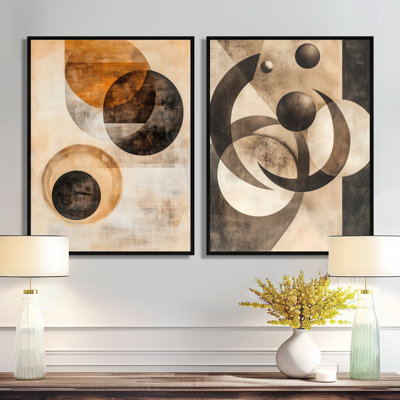 Ensemble d'art mural géométrique sépia de 2, toile abstraite rétro, formes orbitales dans l'espace sépia