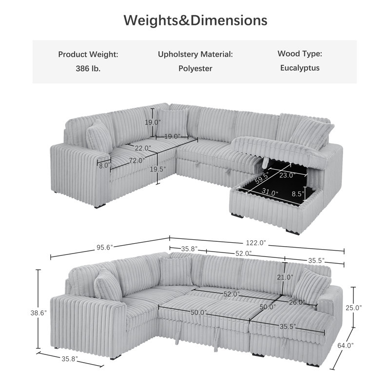 122" Wide U-shaped Sofa With Usb Ports, Pull-out Bed, And Storage Chaise, Gray Corduroy