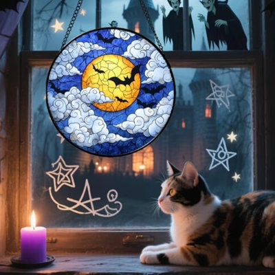 Vitrail suspendu - décorations d'Halloween chauves-souris, lune, nuages, attrape-soleil pour portes, jardin, intérieur, effrayant, amusement, attrape-soleil, décor gothique, horreur, cadeaux pour femmes, hommes, ami, 7,8 po