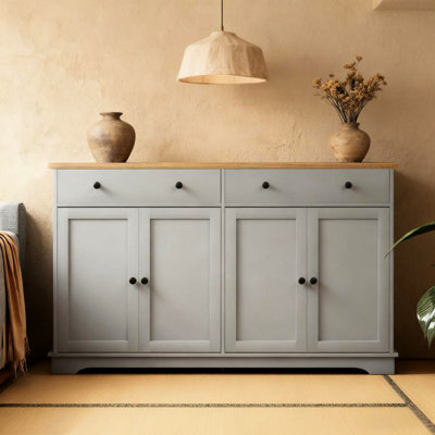 Buffet Cabinet With Adjustable Shelves And Storage Drawers, Nordic Style, Versatile In Home, Oak Wood Grain, Gray Color, - Tipping Drawers Shelves, For Living Room, Tv Stand, Appearance