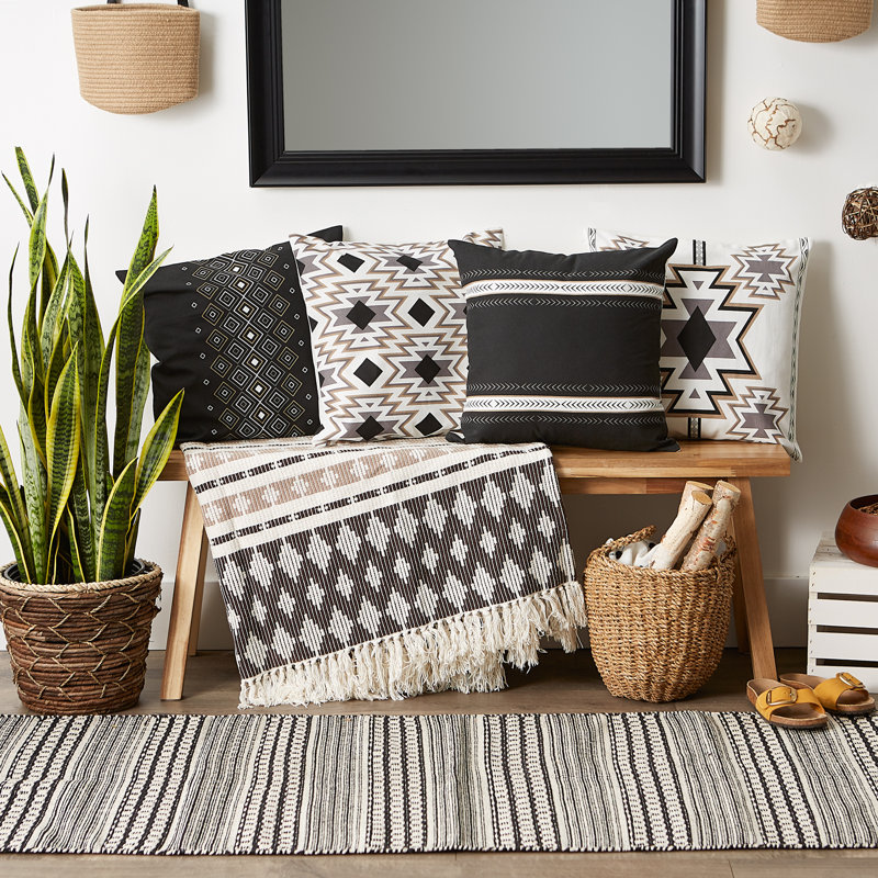 Geometric Cotton Reversible Pillow Cover, Black