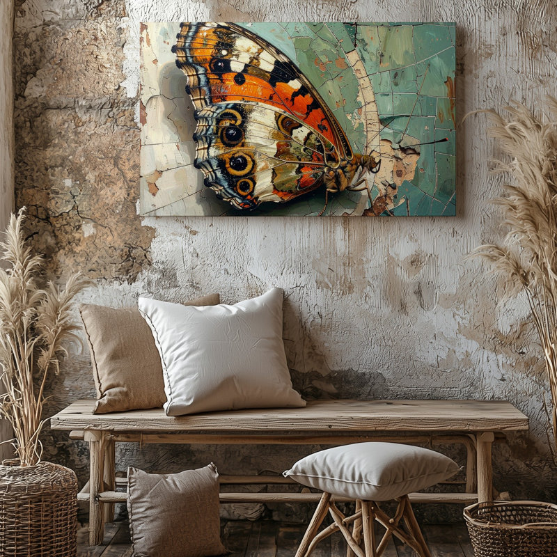 Gros plan sur un papillon sur toile perchée sur un fond texturé fissuré, qualité supérieure prêt à être accroché