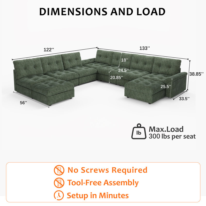 133" Modular Sectional Cloud Sofa With Deep Seat Couch,lattice Decored Design, Green Chenille