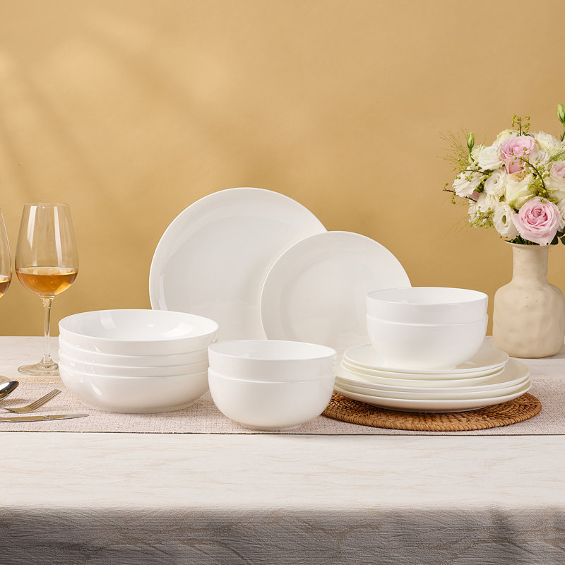 Service de table en porcelaine tendre 16 pièces pour 4, assiettes rondes légères et bols