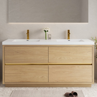 Meuble-lavabo autoportant avec lavabo, meuble-lavabo avec comptoir en résine de pierre et tiroirs à fermeture en douceur
