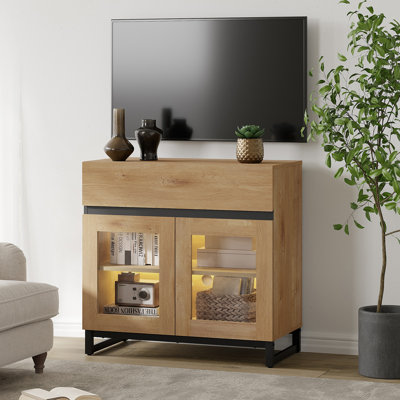 Modern TV Stand With Glass Doors For 40 Inch Tvs, Entertainment Center Console With Drawer And Metal Base For Living Room, Bedroom