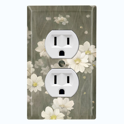 White Flower Olive Green Nature Themed 1 - Gang Duplex Outlet Standard Wall Plate