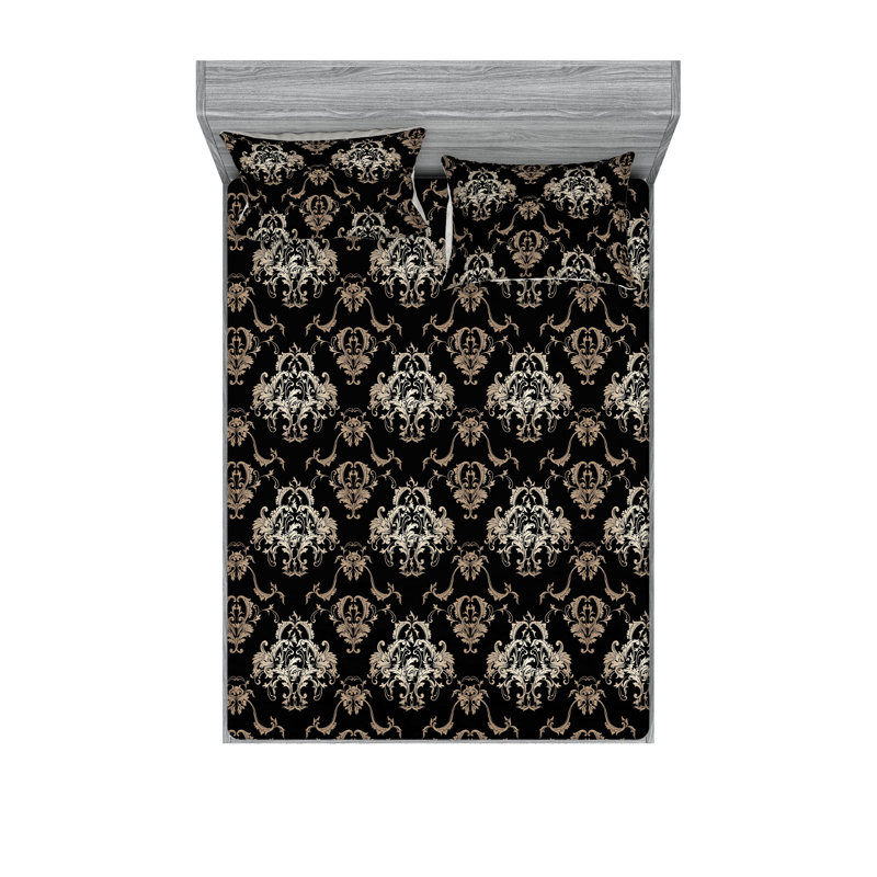 Ambesonne Fitted Sheet & Shams, California King Sheet Set with 2 Pillowcases, Charcoal Gray/Tan Flower