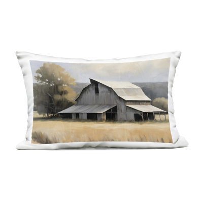 In The Field Farm Structure Outdoor Printed Pillow, design by Kim Allen, 14 x 7 x 20