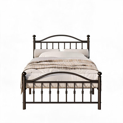 Lit plateforme vintage en métal avec haute tête et pied de lit, grand espace de rangement sous le lit, structure métallique renforcée robuste, matelas antidérapant, sommier non requis, montage facile