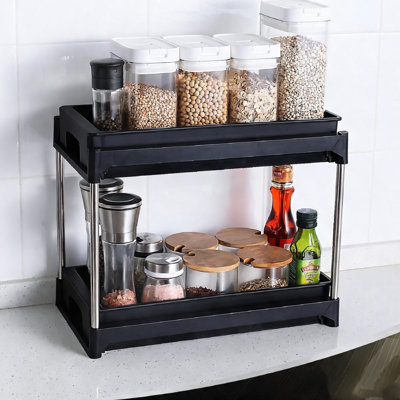 Organisateur de tiroir coulissant élégant en plastique noir de jais, rangement compact sous le lavabo de 15 pouces pour la cuisine et la salle de bain