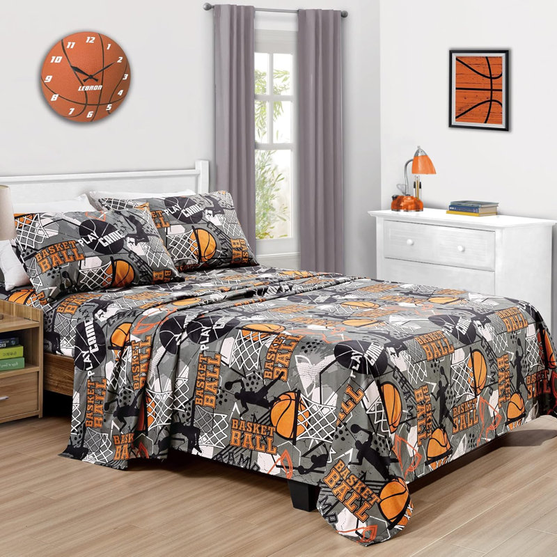 Fun Kids Teens Microfiber Sheet Set, Gray Basketball Sports, Twin XL Sheet Set with 1 Pillowcase