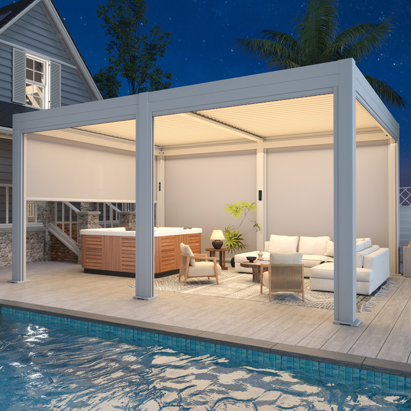 Pergola à persiennes motorisée 12 x 16 pi avec vidéo d'installation, énergie hybride solaire / USB, 4 écrans latéraux automatiques, toit imperméable et cadre en aluminium antirouille, lumières DEL à distance pour terrasse, patio et spa