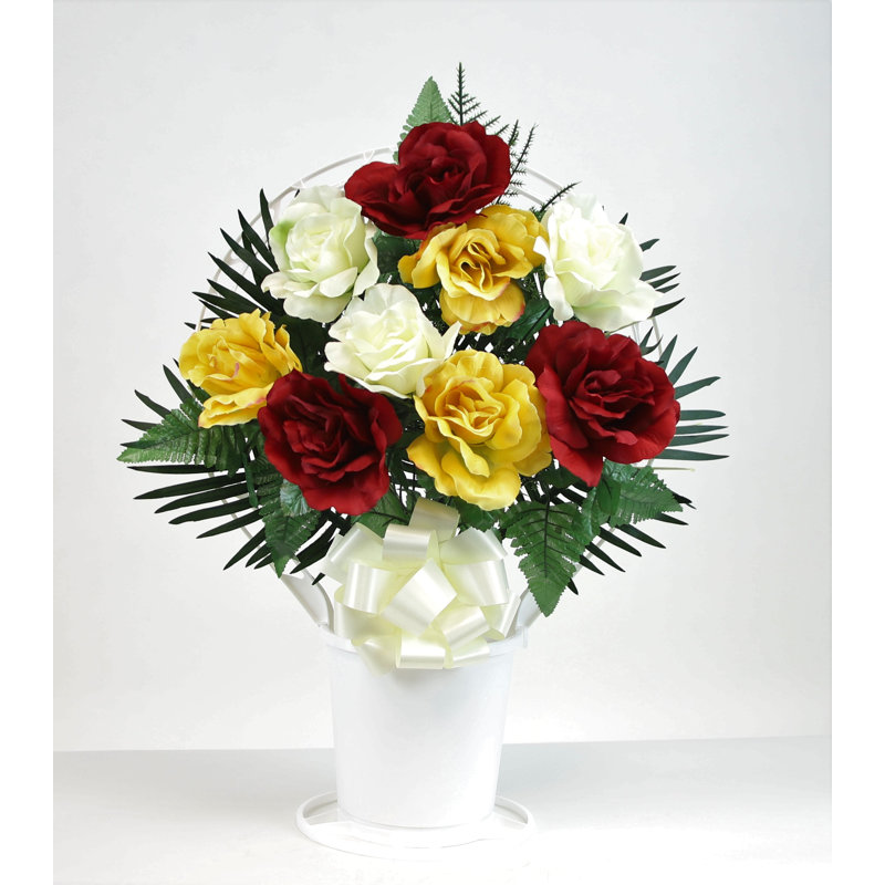 Silk Rose Arrangement in Basket, Red/Yellow/White