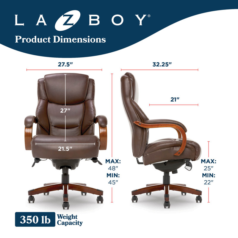 La-Z-Boy Delano Big & Tall Executive Office Chair, Ergonomic Mid-Back with Body Pillow Lumbar Support, ComfortCore® with Memory Foam Cushion, Mahogany Wood Arms and Swivel Base, Bonded Leather