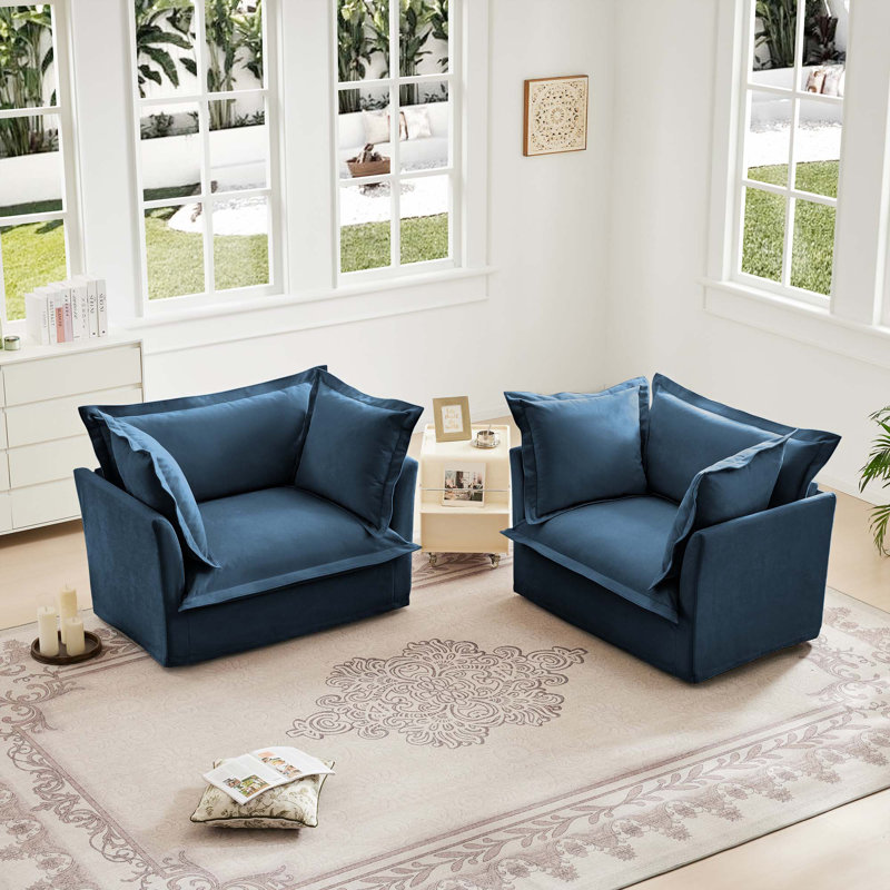 Ensemble de 2 fauteuils avec housse et siège profond, Chenille bleu