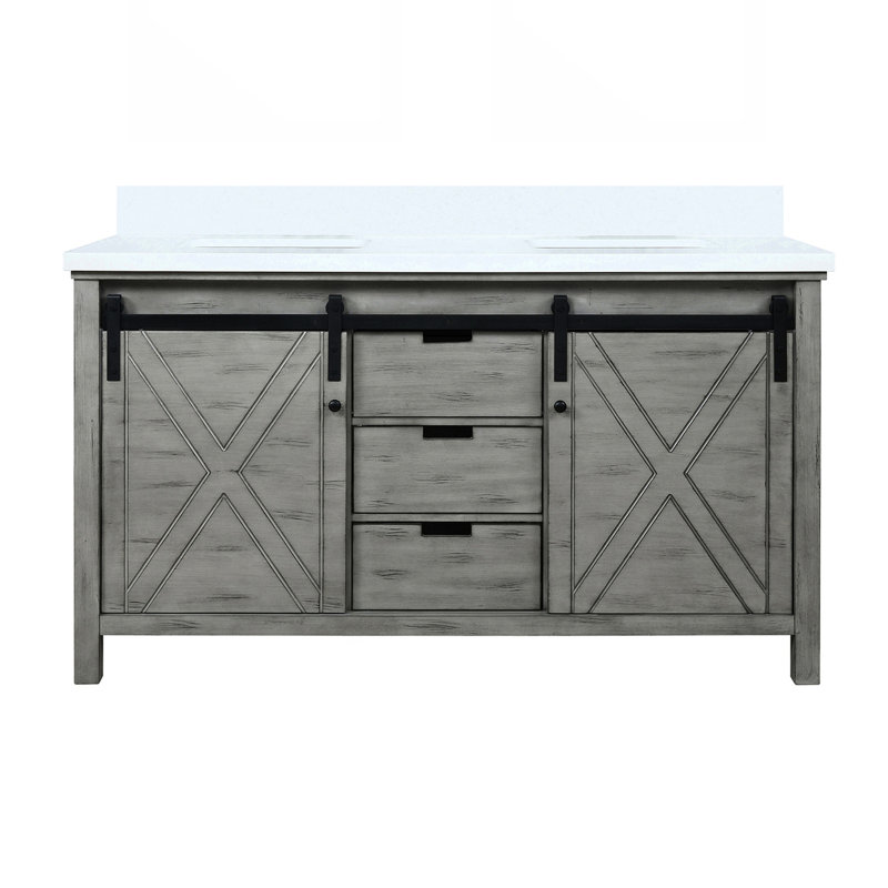 Meuble-lavabo double l 60 po x P 22 po, comptoir en quartz gris cendré et blanc, bois massif, fermeture en douceur, égratignure et teinture, nombreuses possibilités de rangement