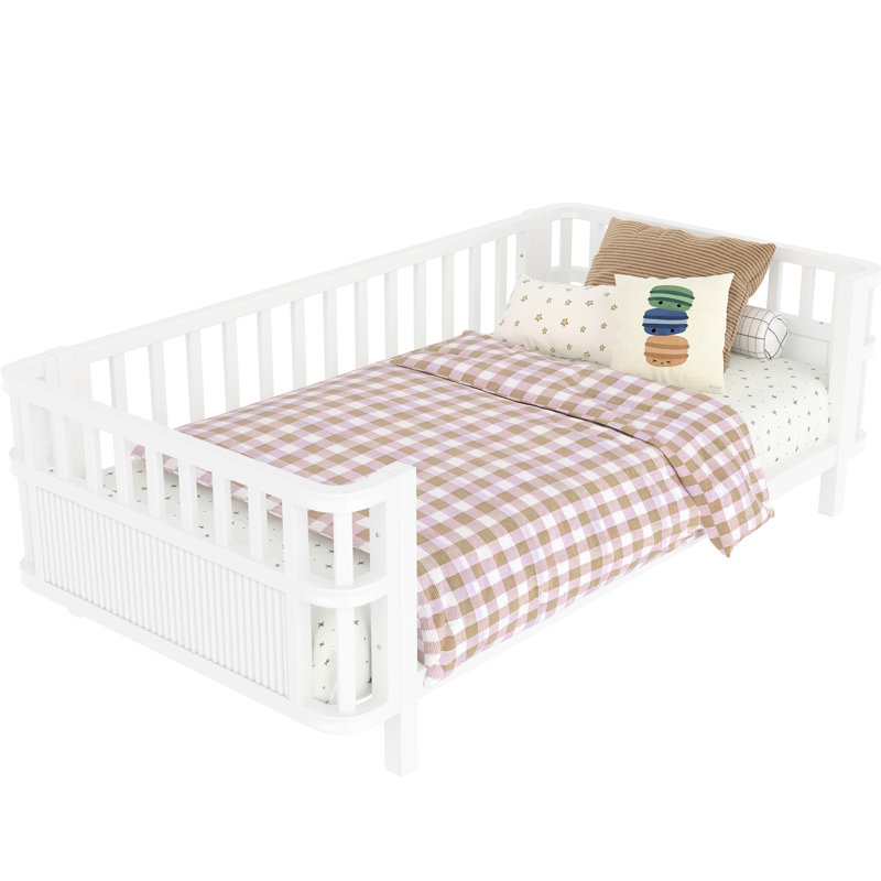 White Twin 'S Double Platform Bed With Iron , And Stable, Three - Sided Fence, Easy To Install, American Design For Bedroom Assembly,