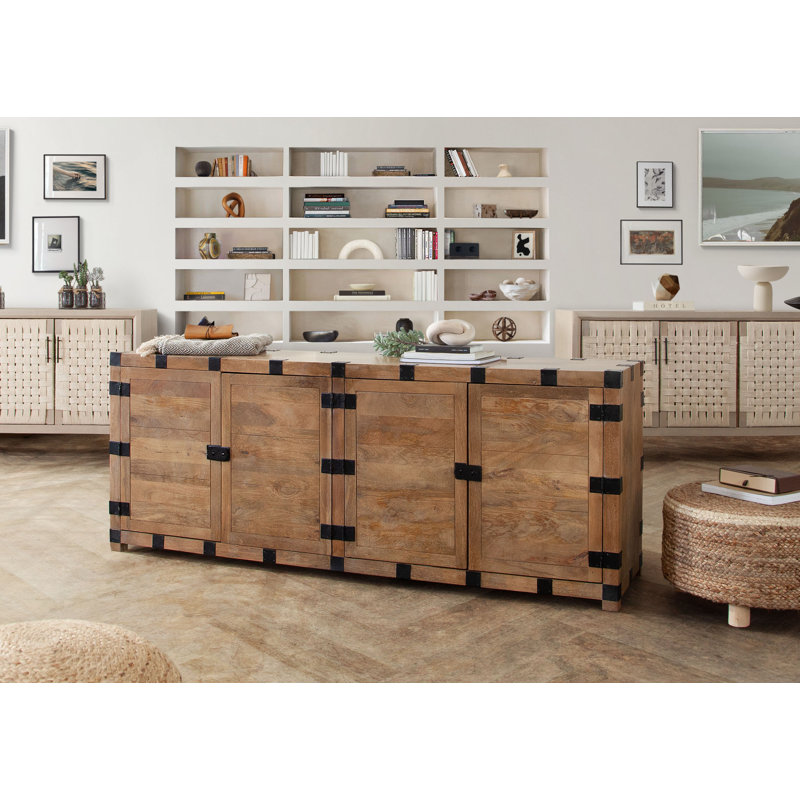 Buffet 4 portes en bois de manguier Oxford avec finition en chêne noir et support en métal noir