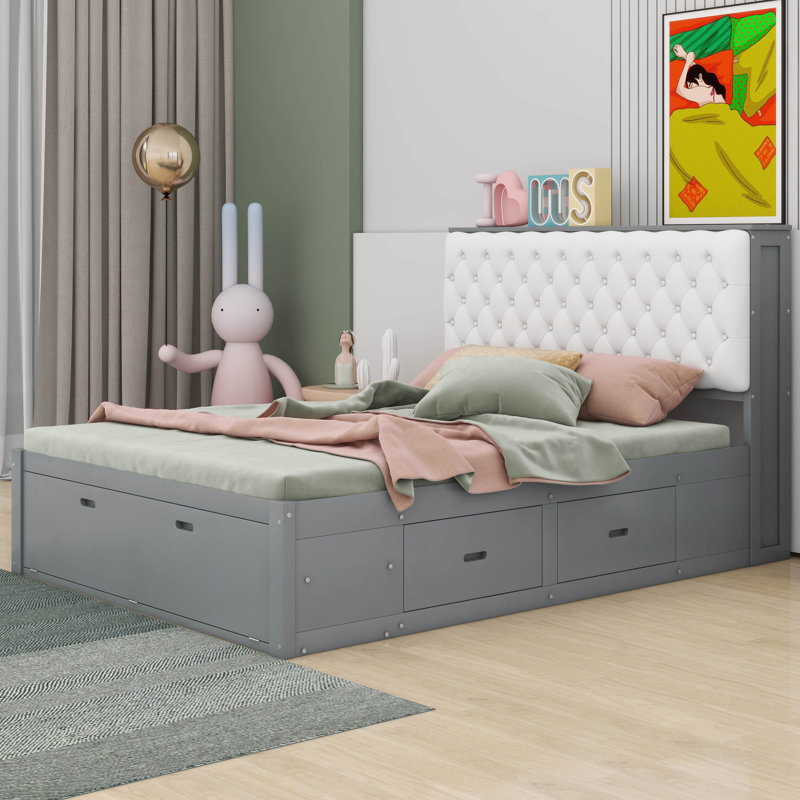 Revollo Wood Queen Size Platform Bed with Storage Headboard, Shoe Rack, and 4 Drawers, Gray/White/Black