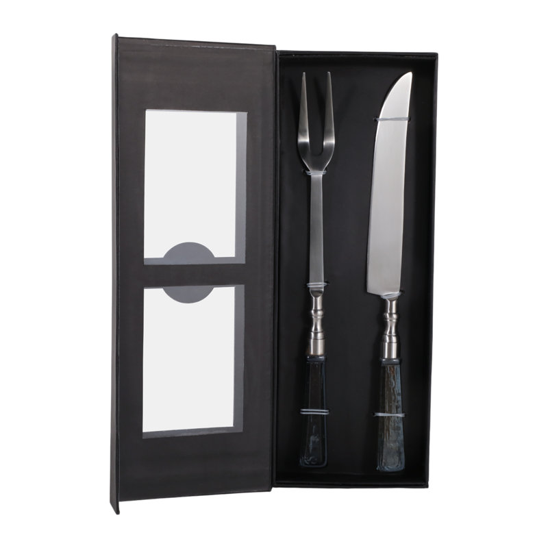 Ensemble d'ustensiles à découper en verre et en acier inoxydable dans une boîte pour la cuisine et la table à manger - Vaisselle de service pour la restauration - ensemble de 2, argent et brun