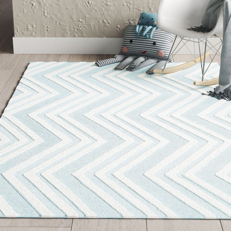 Krystyna Chevron Handmade Tufted Wool Mint/Ivory Area Rug, Rectangle 4' x 6'