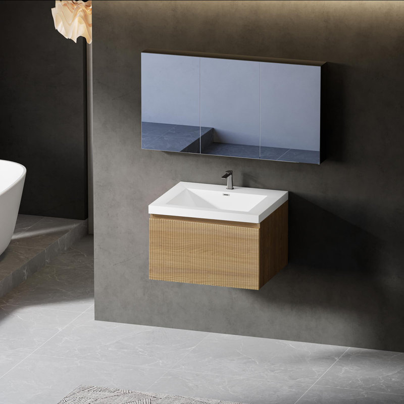 Meuble-lavabo mural avec lavabo à surface solide, Bois de chêne naturel, 24"