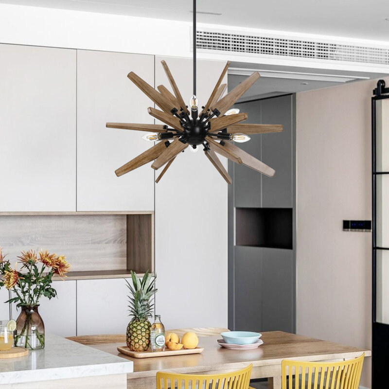 Kachelle 6 - Light Natural Wood Sputnik Sphere Chandelier, Black