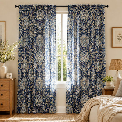 2Pcs Vintage Floral Pattern Curtains, Classic Damask Print, Traditional Style, Bedroom Decor, Living Room Window Treatment, Rod Pocket Hanging, Light Filtering Fabric